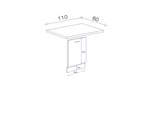 Technische Zeichnung eines Tisches mit Maßen.