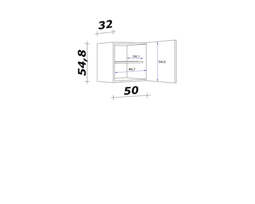 Technische Zeichnung eines Hängeschranks mit den Maßen 54,8 x 50 x 32 cm.