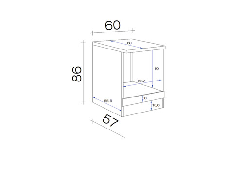 Masszeichnung eines Unterschranks mit den Massen 60 x 60 x 86 cm.