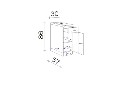 Dessin technique d''un meuble de salle de bains avec tiroir et porte, avec indications de dimensions