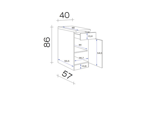 Dessin technique d''un meuble bas avec tiroir et porte, avec dimensions indiquées