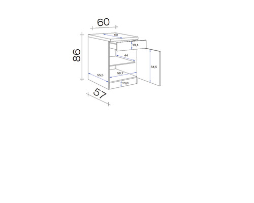 Dessin technique d''un meuble bas avec tiroir et porte, avec indications de dimensions