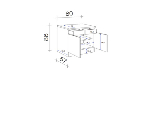 Technische Zeichnung eines Unterschranks mit Schubladen und Türen mit Maßangaben