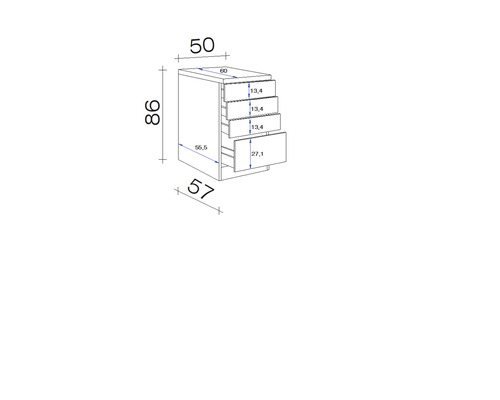 Technische Zeichnung eines Unterschranks mit vier Schubladen und Maßangaben.