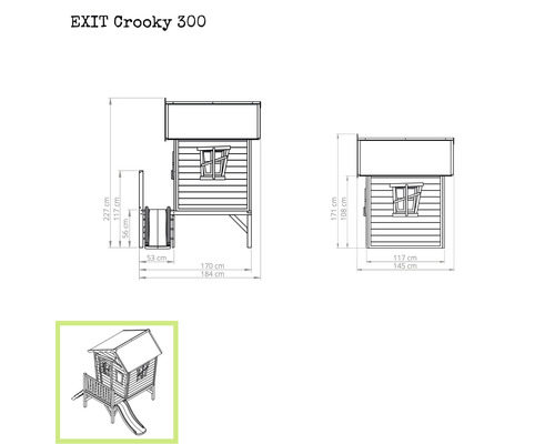 Technische Zeichnung des EXIT Crooky 300 Spielhauses mit Maßen