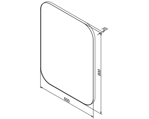 Technische Zeichnung eines Spiegels mit abgerundeten Ecken und Massangaben 600 x 800 mm