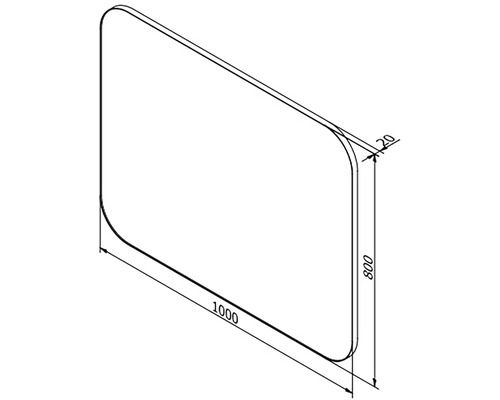 Schéma technique d''une paroi de douche mesurant 1000 par 800 millimètres avec un arrondi de 20 millimètres