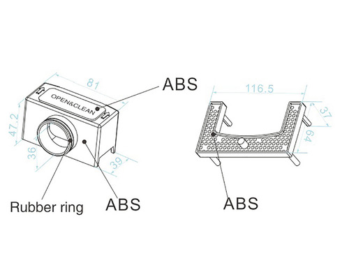 Schéma technique d''une pièce en plastique avec joint en caoutchouc et dimensions