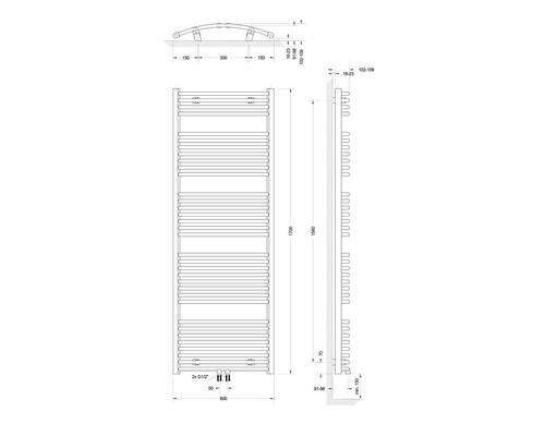 Technische Zeichnung eines Heizkörpers mit Massangaben