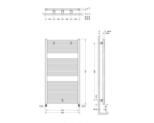 Schéma technique d''un radiateur de salle de bains avec dimensions