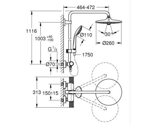 Masszeichnung eines Duschsystems mit Handbrause und Kopfbrause, inklusive Höhen- und Breitenangaben