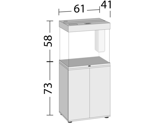 Skizze eines Aquariums mit Unterschrank und Maßangaben