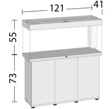 Skizze eines Aquariums mit Unterschrank und Maßangaben