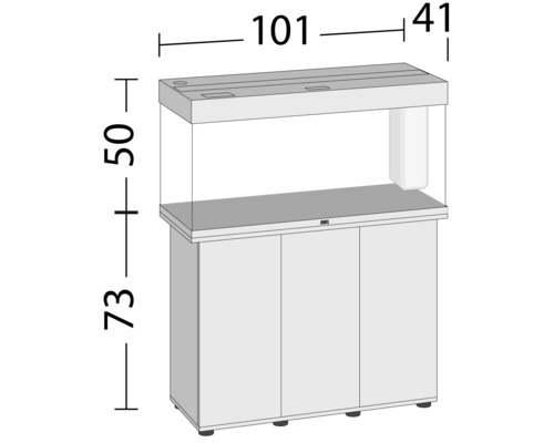 Schéma d''un aquarium avec meuble bas et indications de dimensions