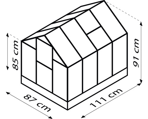 Illustration d''une serre avec des dimensions de 85 cm de hauteur à l''avant, 91 cm de hauteur à l''arrière, 87 cm de largeur et 111 cm de longueur