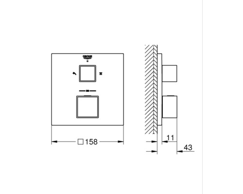 Technische Zeichnung einer Grohe Betätigungsplatte mit Maßangaben