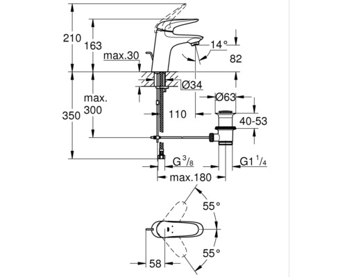 Schéma technique d''un robinet avec indications de dimension