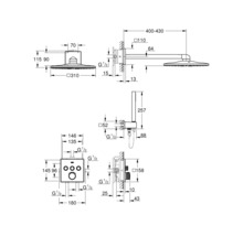 Technische Zeichnung einer Duscharmatur mit Maßangaben