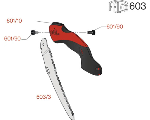 Einzelteile einer Felco Handsäge inklusive Sägeblatt, Schrauben und Griff