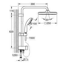 Technische Zeichnung eines Duschsystems mit Kopfbrause, Handbrause und Maßangaben.