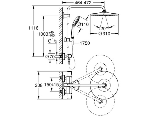 Schéma technique d''une robinetterie de douche avec indications de dimension