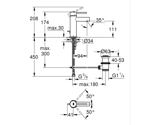 Dessin technique d''un robinet avec indications de mesure