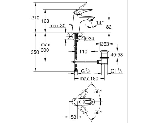 Schéma technique d''un robinet avec indications de dimensions
