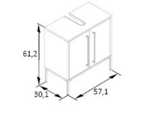 Maßzeichnung für einen Waschtischunterschrank mit zwei Türen und Griffen sowie Maßen in Zentimetern