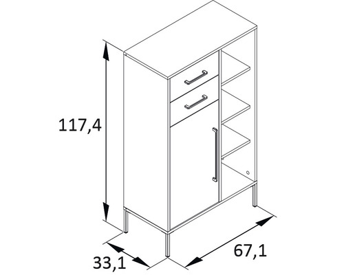 Schrank mit zwei Schubladen, einer Tür und drei Regalen mit Größenangaben