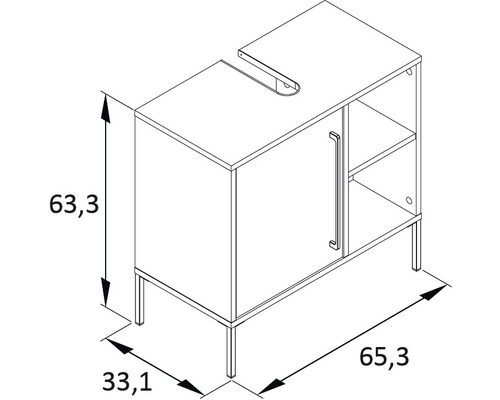 Zeichnung eines Waschtischunterschranks mit Maßen 63,3 x 33,1 x 65,3 cm.