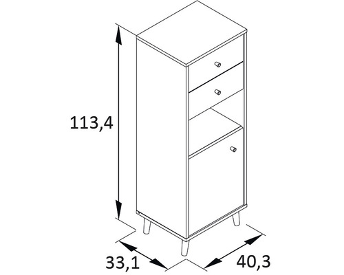 Dessin technique d''une armoire étroite avec deux tiroirs, un compartiment ouvert et une porte, dimensions incluses.