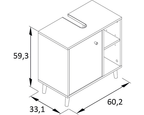 Zeichnung eines Waschtischunterschranks mit Maßangaben.