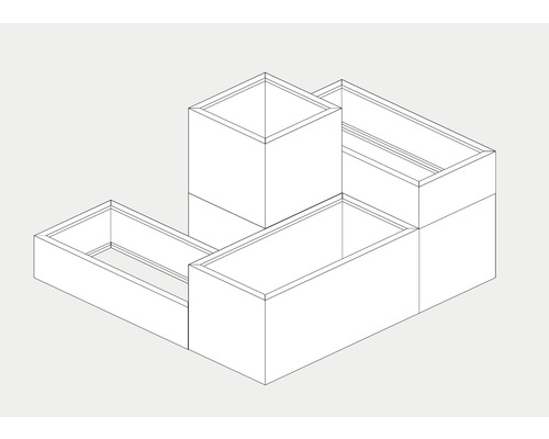 Illustration eines Bepflanzungssystems mit mehreren rechteckigen und einem quadratischen Pflanzgefäß