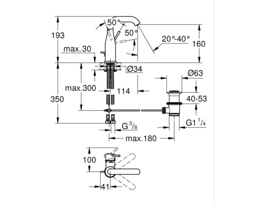 Schéma technique d''un robinet avec indications de dimensions