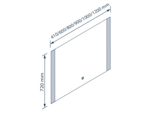 Technische Zeichnung eines Spiegels mit den Maßen 410, 600, 800, 900, 1000 und 1200 Millimeter Breite sowie 720 Millimeter Höhe.