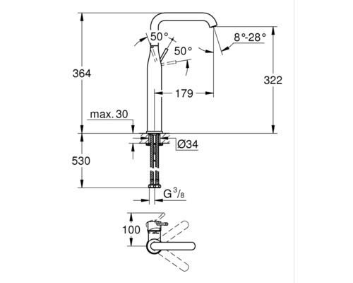 Masszeichnung einer Armatur mit Höhenangaben