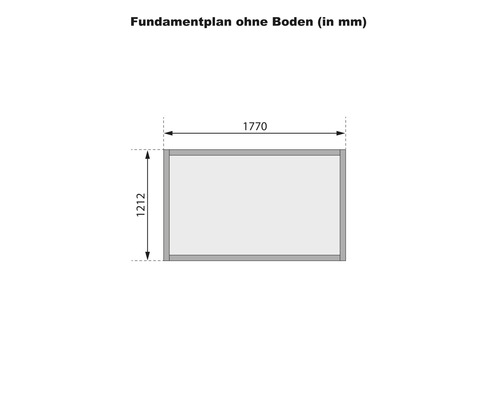 Fundamentplan ohne Boden mit den Maßen 1770 mal 1212 Millimeter