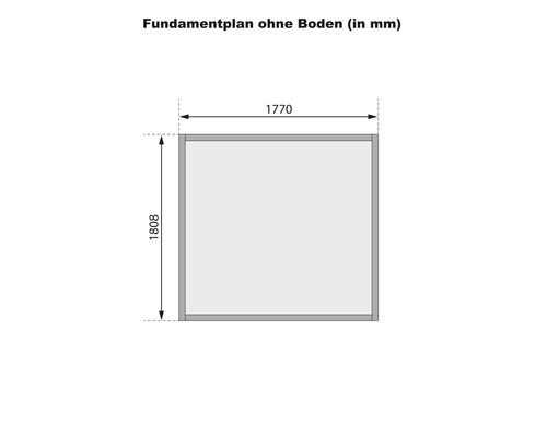 Fundamentplan mit Maßangaben Länge 1770 Millimeter, Breite 1808 Millimeter