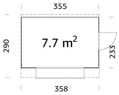 Grundrisszeichnung mit Massangaben: 355 x 290 Zentimeter, Fläche 7,7 Quadratmeter