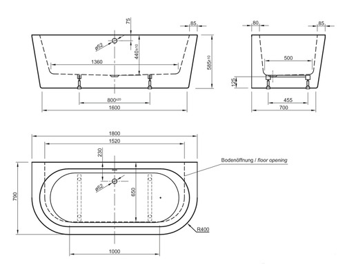 Dessin technique d''une baignoire avec indications de dimensions.