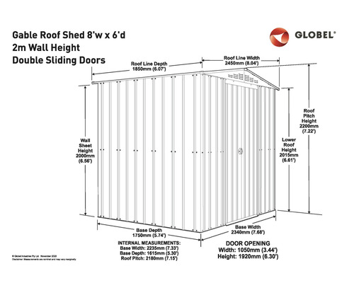 Schéma technique d''un abri de jardin à deux pentes, dimensions 8 pieds de large et 6 pieds de profondeur, hauteur des murs de 2 mètres et portes coulissantes doubles