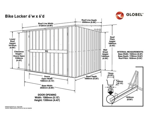 Schéma technique d''un abri à vélos avec les dimensions.