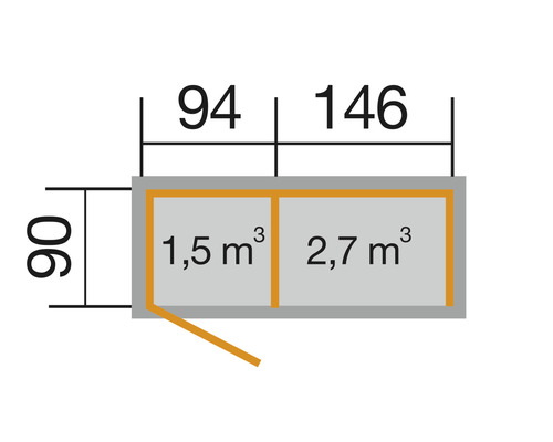 Plan d''un abri de jardin avec des dimensions de 90 par 94 par 146 centimètres et un volume de 1,5 mètre cube et 2,7 mètres cubes