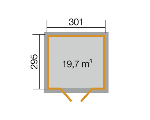 Grundriss mit Abmessungen: 295 mal 301 Zentimeter und 19,7 Kubikmeter Rauminhalt