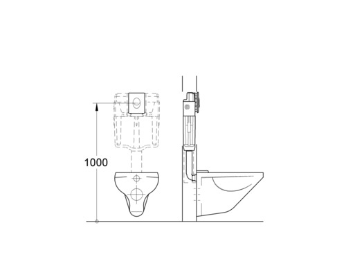 Dessin de toilettes avec réservoir de chasse et dimensions de 1000 mm de hauteur