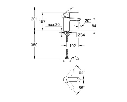 Schéma technique d''un robinet avec dimensions.