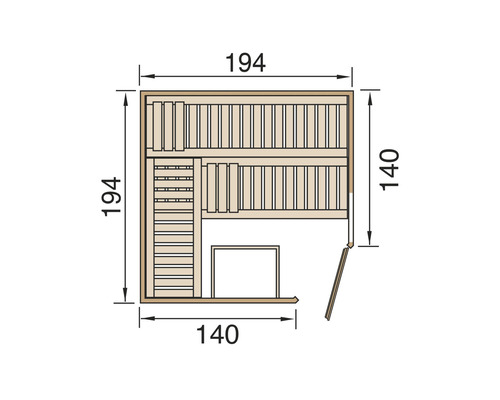 Draufsicht der Sauna mit Größenangaben in Zentimetern