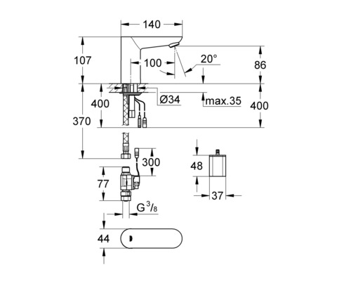 Schéma technique d''un robinet avec indications de dimensions