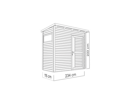 Illustration d''un abri de jardin mesurant 234 sur 115 sur 233 centimètres.