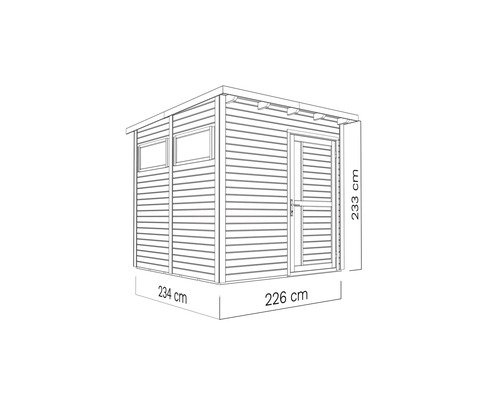 Illustration d''un abri de jardin avec porte, fenêtre et dimensions de 234 x 226 x 233 cm.